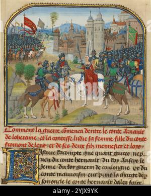 La bataille entre Arnault de Lorraine et son épouse Lydia, écrit 1463-1465, illuminé 1467-1472. Infos complémentaires :dans cette miniature de l'histoire de Charles Martel, l'armée de Lorraine, dirigée par le comte Arnault, et les forces de Bourgogne, dirigées par son épouse Lydia et ses deux fils, sont sur le point de commencer une bataille. Les Bourguignons se tiennent en arrière-plan à gauche, sous la bannière du double aigle et du BORDEAUS, tandis que les forces de Lorraine se rassemblent à droite. Au premier plan, les dirigeants des forces adverses se rencontrent à cheval avant les combats. Loyset Li&#xe9;det et Pol fruit Banque D'Images