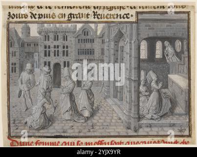 Miniature tirée des miracles de notre-Dame, vers 1460. Informations complémentaires:cette miniature est apparue à l'origine dans un manuscrit créé expressément pour Philippe le bon, le duc de Bourgogne qui consiste en une compilation des récits des miracles de la Vierge Marie. La scène spirituelle illustre l'effort d'une noble femme pour traiter avec la maîtresse chrétienne de son mari. Dans la chapelle à droite, la femme du chevalier adultère prie pour que la Vierge Marie la venge en punissant la maîtresse. Cependant, Marie refuse la demande en raison de la profonde dévotion de l'adultère pour elle. Par la suite quand femme et mi Banque D'Images