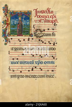 T initial : Saint Louis de Toulouse, vers 1453-1463. Informations complémentaires:la figure imposante de Saint Louis de Toulouse, et la bande horizontale de feuilles de curling qui s'étendent au-dessus de sa tête, forment la forme de ce T. Louis initial était le fils de Charles II d'Anjou, roi de Naples (1288-1309), et éduqué par des frères franciscains, rejoignant finalement leur ordre. Saint Louis est représenté ici portant une mitre et tenant un crozier (chapeau d'évêque et bâton), symboles de sa nomination comme évêque de Toulouse en 1296, avec la robe brune à capuche d'un frère franciscain, et une cape rouge recouverte de fl d'or Banque D'Images