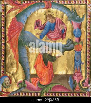 Initiale A : Christ apparaissant à David, vers 1440. Informations supplémentaires:il s'agit d'une coupe d'un graduel, un type de livre liturgique utilisé dans les services de culte chrétien médiéval. Les Graduals étaient généralement des volumes importants contenant des chants musicaux et des lectures pour la messe et d'autres services religieux. Il représente le roi David agenouillé dans la prière alors que le Seigneur lève ses mains dans la bénédiction, transmettant un profond sentiment d'adversité et un appel à la délivrance. L'inspiration pour cette illustration vient du Psaume 24, un passage significatif du Livre des Psaumes dans la Bible. Ce passage souligne l'idée que le Banque D'Images