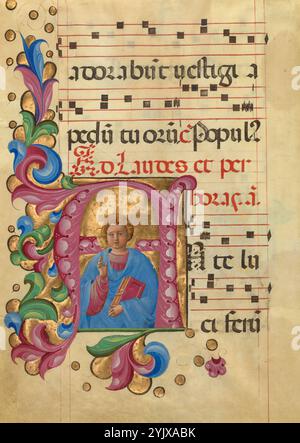 Initiale A : bénédiction du jeune Christ, vers 1467-1470. Informations supplémentaires:Christ apparaît dans cette initiale comme une figure jeune avec des joues rondes et roses. Il tient un livre dans sa main gauche et bénit de sa main droite. Le chant qui suit est chanté à la fête de l'Épiphanie, le jour où les trois Mages ont visité le nouveau-né Jésus. Les représentations du Christ adolescent sont relativement rares, et les chants de l'Épiphanie sont plus souvent illustrés par des scènes de l'Adoration des Mages. Ici, le Christ apparaît sous la forme d'un jeune prédicateur qui a déjà assumé les responsabilités de sa vie adulte. Banque D'Images