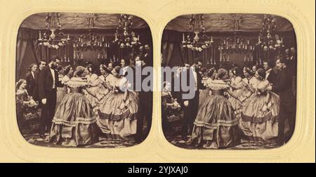 Scène de genre : fête formelle, 1855-1860. Carte stéréoscopique : victoriens en robe de soirée. Imprimé argenté à l'albumine coloré à la main attribué à Mark Anthony. Banque D'Images