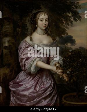 Portrait d'une femme, années 1660 Informations supplémentaires : debout devant un paysage boisé, une femme inconnue regarde le spectateur tout en arrachant une branche d'un arbre fruitier. Sa robe en soie violet pâle qui scintille là où elle attrape la lumière, ses cheveux élégamment coiffés, et les perles ornant ses cheveux, ses oreilles et son cou l'identifient comme une femme de statut. Banque D'Images