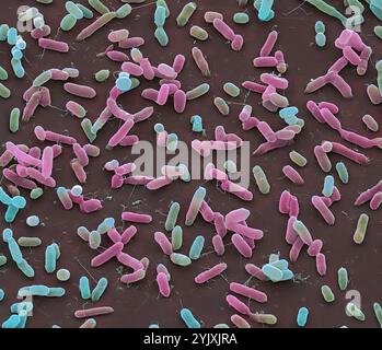 Bactéries Salmonella. Micrographie électronique à balayage couleur (MEB) des bactéries Salmonella. Des flagelles, des structures minces en forme de fils utilisées par les bactéries pour se déplacer, sont également visibles. La bactérie Salmonella peut causer une intoxication alimentaire lorsqu'elle est consommée dans des aliments contaminés comme les œufs crus. Dans les bonnes conditions, ils peuvent se multiplier rapidement. Les symptômes comprennent des douleurs abdominales, des nausées, des diarrhées et des vomissements. La typhoïde est également causée par une bactérie Salmonella typhi. Grossissement : x6000 lorsqu'il est imprimé à 10cm de large. Banque D'Images