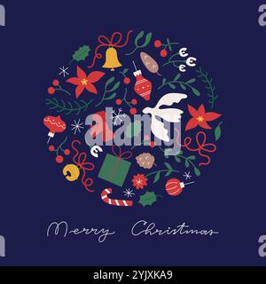 Bannière ronde de Noël, modèle de carte. Mignon simple plat Merry Christmas design avec houx, oiseau colombe, cadeau, fleur, cloche. Illustration de Vecteur
