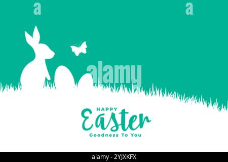 bonne carte de style plat de pâques avec lapin sur herbe Illustration de Vecteur