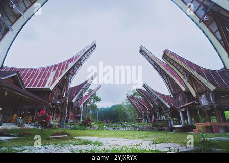 Une rangée de maisons traditionnelles Tana Toraja tongkonan Banque D'Images