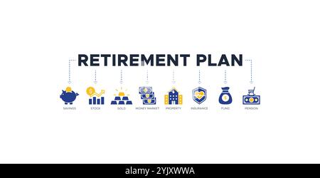 Concept d'illustration vectorielle d'icônes de site Web de plan de retraite avec les icônes de l'épargne, stock, or, marché monétaire, propriété, assurance, fonds Illustration de Vecteur