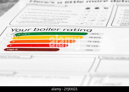 Classification de la chaudière domestique du client sur un document d'inspection d'entretien. Coût de la vie concept d'efficacité énergétique. Banque D'Images