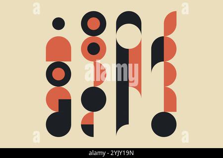 Formes géométriques audacieuses dans une palette de couleurs rétro Bauhaus avec noir, rouge et ocre. Illustration de Vecteur