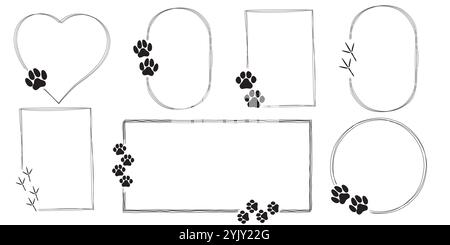 Ensemble de cadres dessinés à la main mignons avec des empreintes de pieds d'animal de compagnie. Bulle de discours de citation de patte d'animal familier. Illustration de Vecteur