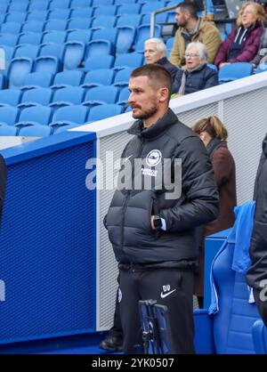 Brighton, Royaume-Uni. 16 novembre 2024. L'entraîneur-chef de Brighton, Dario Vidosic, avant le match de Super League féminine des Barclays entre Brighton et Hove Albion et West Ham United au stade American Express de Brighton, Angleterre, samedi 16 novembre 2024. (Claire Jeffrey/SPP) crédit : photo de presse SPP Sport. /Alamy Live News Banque D'Images