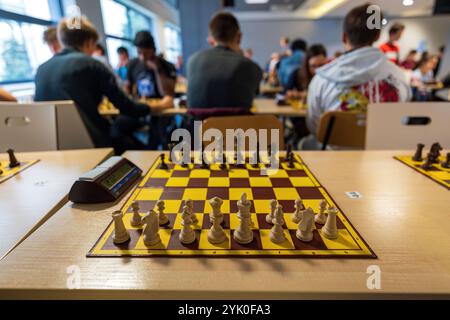 Un ensemble d'échecs magnifiquement conçu, prêt pour un jeu de stratégie et d'habileté. Les pièces noires et blanches sont placées sur le plateau, attendant le premier MOV Banque D'Images