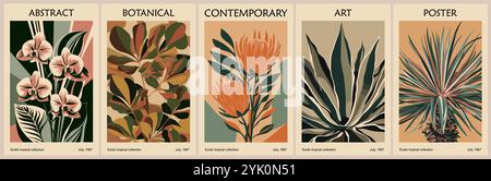 Ensemble d'affiches botaniques abstraites rétro-inspirées avec protéa, fleurs d'orchidée, eucalyptus, agave, feuilles tropicales de yucca dans le milieu du siècle moderne dynamique c Illustration de Vecteur