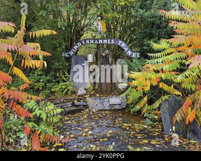 Schinderhannes abreuvoir au-dessus de la vallée de Hahnenbach, légende comme Robin des bois du Hunsrueck, Bundenbach, Rhénanie-Palatinat, Allemagne, Europe Banque D'Images