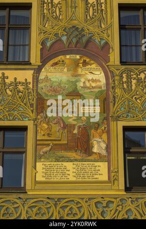 Patience, peinture de façade, plus grand cycle de fresques du XVIe siècle en Allemagne, Hôtel de ville d'Ulm, côté est, Ulm, Alb souabe, Baden-Wuertemberg, allemand Banque D'Images