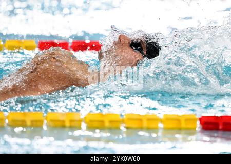 Lorenzo Mora du GS VVFF fiamme Rosse participe aux manches masculines du 100m dos lors des championnats italiens de natation hivernale au Stadio del Nuoto à Riccione (Italie), le 14 novembre 2024. Banque D'Images