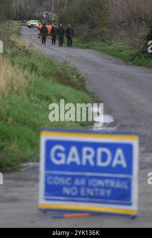 Gardai lors d'une recherche à Ring Commons, Balrothery East, dans le nord du comté de Dublin, à la recherche d'un homme et d'une femme portés disparus et soupçonnés d'être assassinés. Gardai a déclaré que William Maughan et Anastasija Varslavane avaient été vus pour la dernière fois en avril 2015. En 2016, l'affaire a été transformée en enquête pour meurtre. Date de la photo : samedi 16 novembre 2024. Banque D'Images