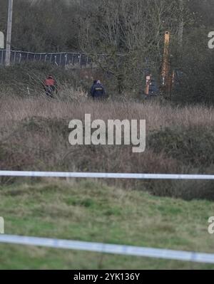 Gardai lors d'une recherche à Ring Commons, Balrothery East, dans le nord du comté de Dublin, à la recherche d'un homme et d'une femme portés disparus et soupçonnés d'être assassinés. Gardai a déclaré que William Maughan et Anastasija Varslavane avaient été vus pour la dernière fois en avril 2015. En 2016, l'affaire a été transformée en enquête pour meurtre. Date de la photo : samedi 16 novembre 2024. Banque D'Images