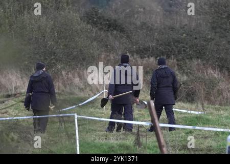 Gardai lors d'une recherche à Ring Commons, Balrothery East, dans le nord du comté de Dublin, à la recherche d'un homme et d'une femme portés disparus et soupçonnés d'être assassinés. Gardai a déclaré que William Maughan et Anastasija Varslavane avaient été vus pour la dernière fois en avril 2015. En 2016, l'affaire a été transformée en enquête pour meurtre. Date de la photo : samedi 16 novembre 2024. Banque D'Images