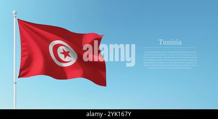 Agitant le drapeau de la Tunisie sur un poteau avec un fond de ciel bleu avec copyspace Illustration de Vecteur