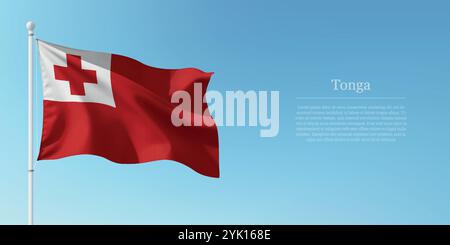 Agitant le drapeau des Tonga sur un poteau avec un fond de ciel bleu avec copyspace Illustration de Vecteur