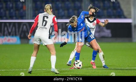 v.Li. : ELISA Senß (Senss, SGE, 6), Julia Hickelsberger (Hickelsberger-Füller, STG, 18), Sara Doorsoun-Khajeh (SGE, 23), Zweikampf, Spielszene, duel, duel, tackling, Dynamik, action, Aktion, 16.11.2024, Sinsheim (Hoffenheim) (Deutschland), Fussball, Google Pixel Frauen-Bundesliga, TSG 1899 Hoffenheim - SG Eintracht Frankfurt, DFB/DFL LA RÉGLEMENTATION INTERDIT TOUTE UTILISATION DE PHOTOGRAPHIES COMME SÉQUENCES D'IMAGES ET/OU QUASI-VIDÉO. Banque D'Images