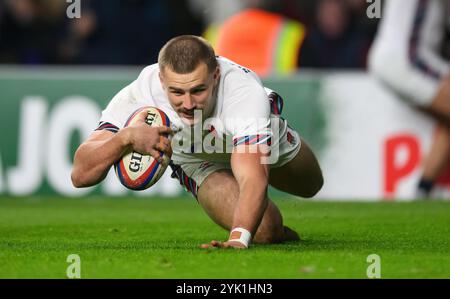 Londres, Royaume-Uni. 16 novembre 2024. Angleterre v Afrique du Sud - Autumn Nations Series - Twickenham. Ollie Sleightholme fait un essai. Crédit photo : Mark pain / Alamy Live News Banque D'Images