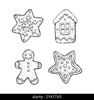 Ensemble vectoriel dessiné à la main de biscuits de Noël d'illustration dans des formes festives, y compris un flocon de neige, un homme en pain d'épice, une étoile et une maison. Parfait pour les vacances Illustration de Vecteur