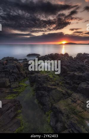 Côte rocheuse au coucher du soleil avec bassin de marée et algues vertes au premier plan. Shetland. Banque D'Images