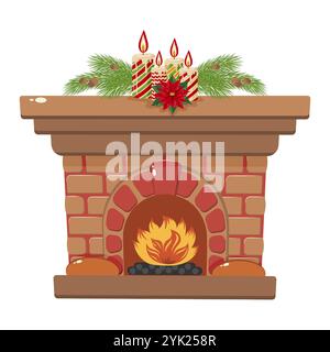 Cheminée en brique avec feu brûlant et bougies de Noël décoratives sur Mantel. Illustration vectorielle pour la conception de vacances d'hiver. Illustration de Vecteur