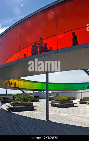 L'installation 'votre panorama arc-en-ciel', une passerelle circulaire avec des fenêtres aux couleurs de l'arc-en-ciel (par Olafur Eliasson, un artiste danois-islandais) Banque D'Images