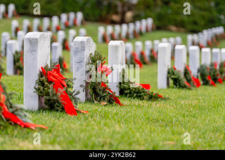 Salisbury, Caroline du Nord, États-Unis. 1er janvier 2024. Au sommet d'une colline, un cimetière de vétérans avec des pierres tombales blanches et le drapeau américain évoque l'honneur profond, le sacrifice et la fierté nationale durable. (Crédit image : © Walter G. Arce Sr./ASP via ZUMA Press Wire) USAGE ÉDITORIAL SEULEMENT! Non destiné à UN USAGE commercial ! Banque D'Images