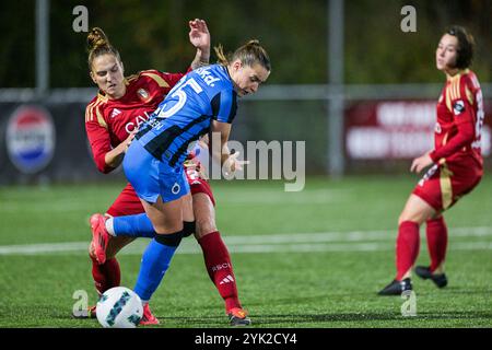Maud Coutereels (17 ans) du Standard et Davinia Vanmechelen (25 ans) du Club YLA photographiées lors d'un match de football féminin entre le Club Brugge Dames YLA et le Standard Femina de Liège le 10 ème jour de la saison 2024 - 2025 de la Super League belge des femmes du Lotto, le samedi 16 novembre 2024 à Aalter, BELGIQUE . Crédit : Sportpix/Alamy Live News Banque D'Images