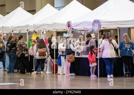 Toronto, Canada. 15 novembre 2024. Les vendeurs vendent leurs marchandises pendant le Taylgate '24, au Metro Convention Centre. Taylgate '24 est une expérience de fans sur le thème de Taylor Swift à Toronto qui se tient en parallèle de ses six concerts à guichets fermés. L'événement offre des activités telles que le chant-alongs, DJ sets et la fabrication de bracelets d'amitié, créant un centre de célébration pour les Swifties de tous âges. (Photo de Shawn Goldberg/SOPA images/SIPA USA) crédit : SIPA USA/Alamy Live News Banque D'Images