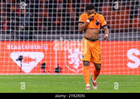 Amsterdam, pays-Bas. 16 novembre 2024. AMSTERDAM, PAYS-BAS - 16 NOVEMBRE : Jurrien Timber des pays-Bas réagit lors du match du Groupe A3 de la Ligue des Nations 2024/25 de l'UEFA entre les pays-Bas et la Hongrie au Johan Cruijff Arena le 16 novembre 2024 à Amsterdam, pays-Bas. (Photo de Joris Verwijst/Orange Pictures) crédit : Orange pics BV/Alamy Live News Banque D'Images
