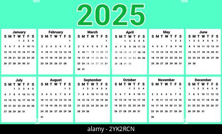 Calendrier 2025 avec thème vert et fond blanc à chaque mois Illustration de Vecteur