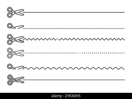 Ciseaux et lignes de coupe définies, ligne de coupe à travers la page de papier, trait modifiable noir, collection d'illustration monochrome vectorielle simple Illustration de Vecteur