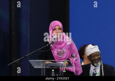 Rio de Janeiro, Brésil. 16 novembre 2024. Tawakkol Karman, Prix Nobel de la paix 2011, Représentant de la Société civile internationale, lors de la cérémonie de clôture du Sommet social du G20, dans la région portuaire de Rio de Janeiro, ce samedi 11/16/2024 crédit : Brazil photo Press/Alamy Live News Banque D'Images