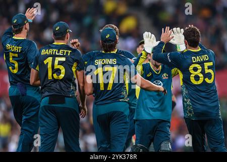 Sydney, Australie. 16 novembre 2024. L'équipe d'Australie célèbre la prise de Tim David pour licencier Mohammad Rizwan, du Pakistan, lors du deuxième match T20I masculin entre l'Australie et le Pakistan au Sydney Cricket Ground. L'Australie a remporté le deuxième match T20I contre le Pakistan en 13 courses au Sydney Cricket Ground. L'Australie mène la série T20 2-0 avec le dernier match T20 qui se jouera le 18 novembre au Bellerive Oval en Tasmanie. Australie : 147/9 (20 overs), Paklistan : 134/10 (19,4 overs). (Photo de Ayush Kumar/SOPA images/SIPA USA) crédit : SIPA USA/Alamy Live News Banque D'Images