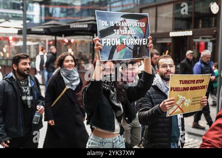 Istanbul, Turquie. 16 novembre 2024. Des jeunes arabes participent à un rassemblement devant le bâtiment de la société SOCAR à Istanbul, où les participants ont tenu des pancartes condamnant la société pour son implication dans le transport de pétrole vers Israël. Crédit : SOPA images Limited/Alamy Live News Banque D'Images