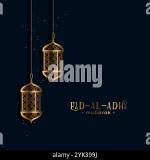 Fête musulmane Eid al Adha salutation avec lampes dorées Illustration de Vecteur