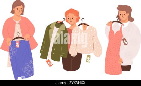 Journée shopping. Les femmes mignonnes choisissent des vêtements en solde. Essayer sur la jupe, robe, veste d'affaires et chemisier décontracté. Client féminin isolé. Illustration vectorielle Illustration de Vecteur