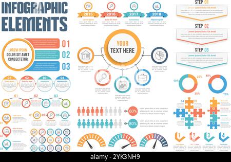 Éléments infographiques - processus, étapes, options, flux de travail, chronologie, diagramme de cercle, timeilne, infographies humaines, diagrammes circulaires, infographies de puzzle, vec Illustration de Vecteur