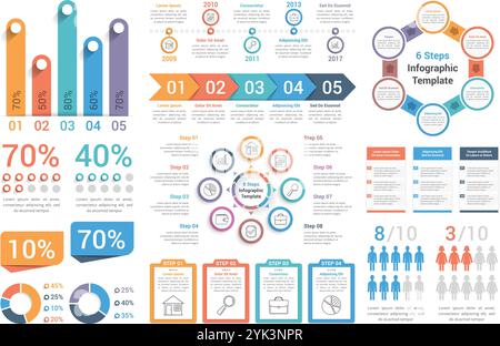 Ensemble des éléments infographiques les plus utiles - graphiques à barres, infographies humaines, diagrammes circulaires, étapes et options, flux de travail, pourcentages, diagrammes circulaires, chronologie Illustration de Vecteur