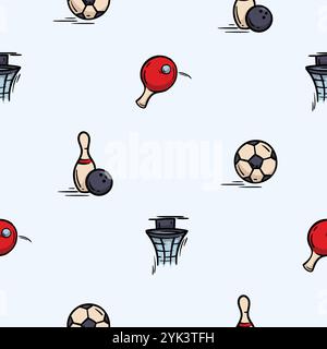 Modèle sans couture de vecteur avec des quilles de bowling, ping-pong, balle et panier de basket-ball. Contexte lié aux jeux de société Illustration de Vecteur