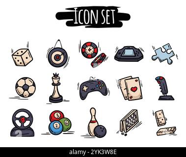 Ensemble vectoriel lumineux d'icônes dessinées à la main de jeux de société, de divertissement et de loisirs. Signes et symboles simples pour la conception Illustration de Vecteur