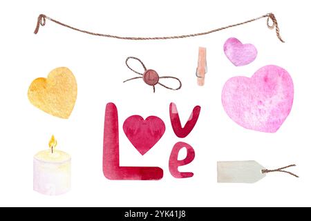 Coeurs colorés, ficelle de tissu et un clip, mot manuscrit amour, une bougie, un ensemble d'aquarelle tag isolé sur blanc. Clip peint à la main Parfait pour Banque D'Images