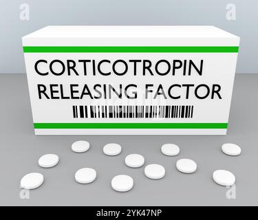 Illustration 3D du facteur de libération de corticotropine imprimé sur une boîte à pilules, avec quelques piles dispersées sur une surface grise avec un fond bleu pâle. Banque D'Images