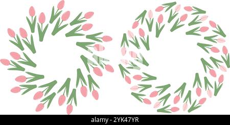 Tulipes Circle Frames à la mode en rose doux à la mode. Salutations printanières espace de copie modèles ensemble 2. Cartes d'illustration vectorielle isolées, affiche, dépliants, bannière, étiquettes de prix, étiquette ou promo web, blogs Illustration de Vecteur